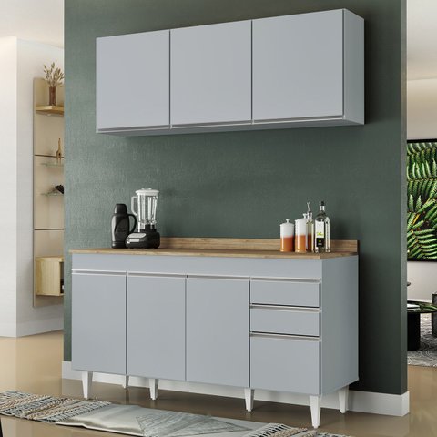 Armário de Cozinha Argélia e Balcão com Tampo 150cm Marrocos Cinza Claro/castanho - Lumil