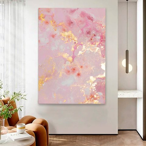 Quadro Decorativo em Canvas Abstrato Mármore Rose Gold Delux TaColado Moldura Flutuante 4,5cm Freijó
