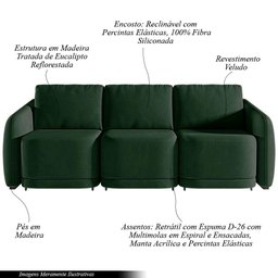 Sofá Cama Modulado Retrátil e Reclinável Decorativo Varsóvia 306cm Veludo Verde G33 - Gran Belo - 4