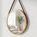 Ver imagem 2 de Espelho Redondo Decorativo Suspenso com Alça 50cm - Cores - Dourado Alça Caramelo
