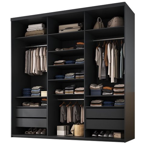 Closet Casal Guarda Roupa sem Porta 208cm 4 Gavetas Mdf Tunísia R02 Preto - Lyam Decor