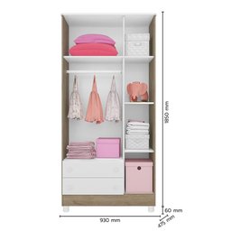 Jogo de Quarto Doce Sonho Guarda Roupa 3 Portas e Berço Mini Cama Carvalho/Branco com Rodízio - Qmov - 3