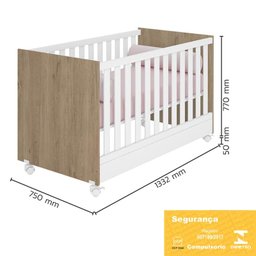 Jogo de Quarto Doce Sonho Guarda Roupa 3 Portas e Berço Mini Cama Carvalho/Branco com Rodízio - Qmov - 4