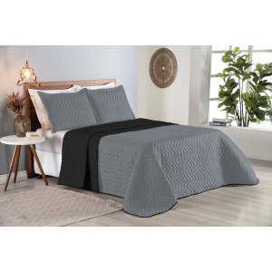 Colcha Cobre Leito Cama King 3 Pç Dupla Face Duas Cores Acolchoado Microfibra:cinza e Preta