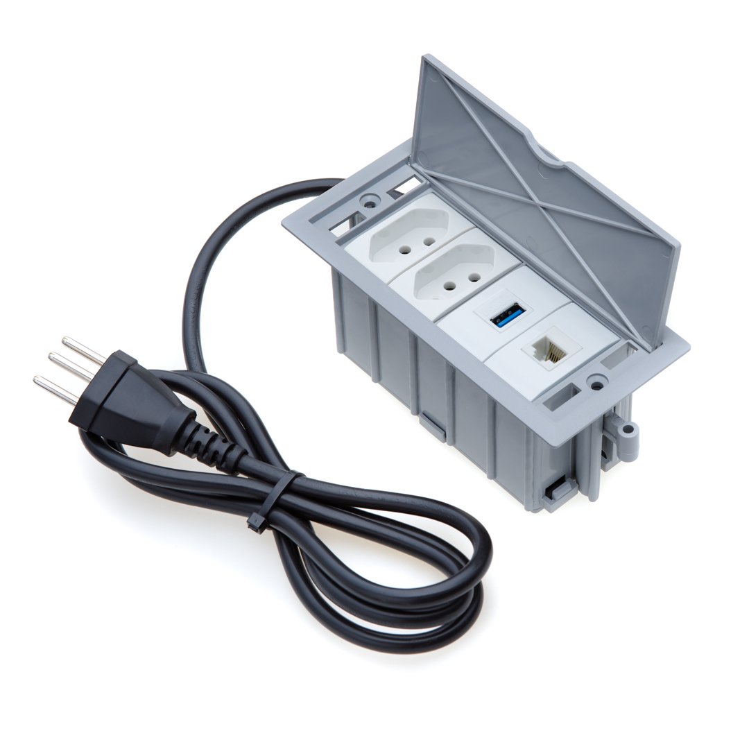 Caixa de Tomada 4 Blocos 2 Tomadas 10a 1 Usb Dados 1 Rj-45:cinza