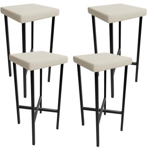 Kit 04 Banquetas Alta Bar Cozinha Sala de Jantar Preto Stella L02 Linho Champagne - Lyam Decor