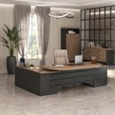 Ver imagem 1 de Conjunto 3 Peças com Mesa para Escritório Presidente, Balcão para e Armário Multiuso Alto Marrom/Nogal/Preto Artany