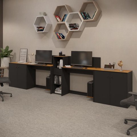 Conjunto de Escritório Noruega 1 Livreiro 2 Buffet e 2 Mesas 90cm - Via Nossa - Preto e Cedro