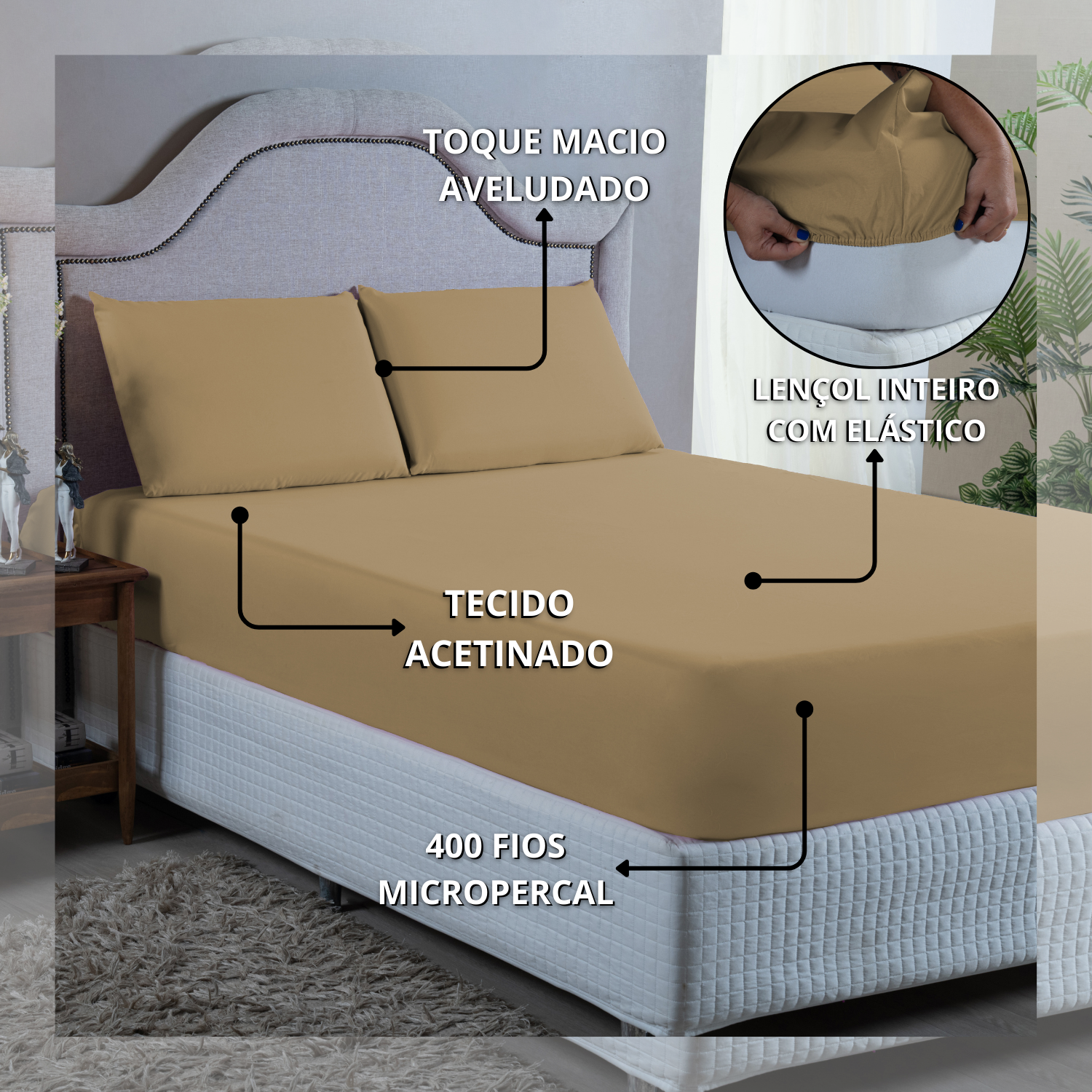 Jogo de Cama Lençol Casal 400 Fios Poliéster 3 Peças Conjunto com Elástico e Fronhas:avela - 4