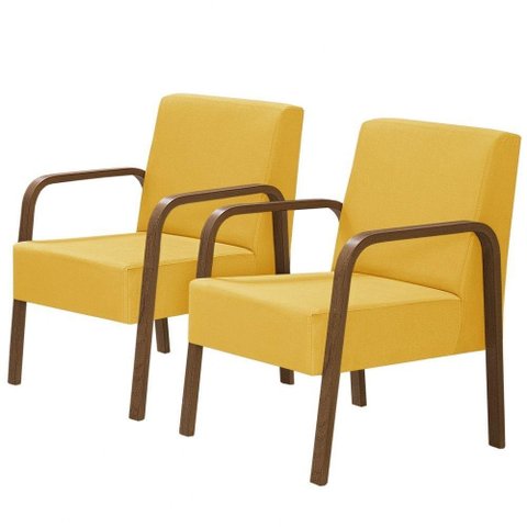 Kit 2 Poltronas 1 Lugar Jade Braço Madeira Amarelo