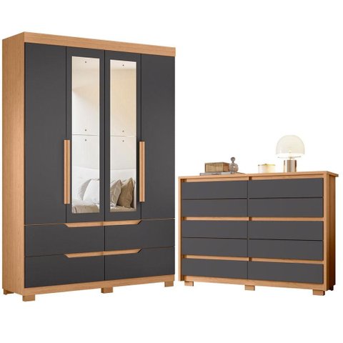Guarda Roupa Solteiro Doble 04 Portas com Espelho e Cômoda Duetto Freijo Titanium- Móveis Albatroz