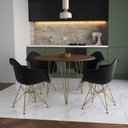 Ver imagem 1 de Mesa Jantar Redonda 110Cm Amêndoa Clips 3 Pés Com 4 Poltronas Pretas Base Dourada - Cor: Amendoa