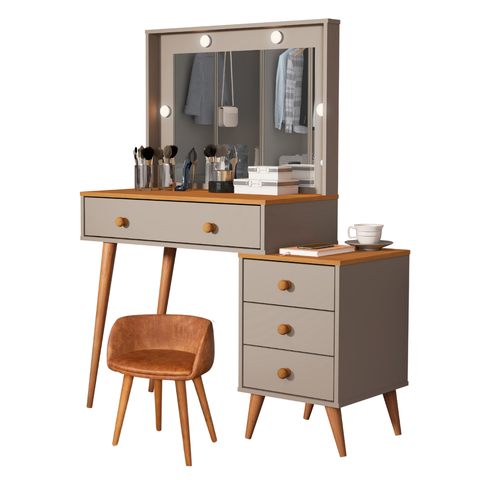 Penteadeira Agata com Banqueta Amsterdã Cor Nature com Griss