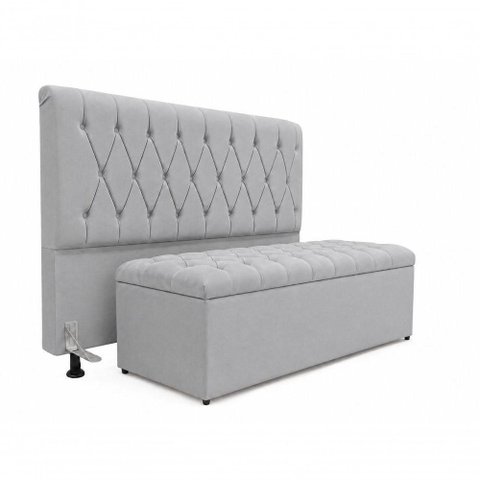 Kit Cabeceira e Calçadeira Baú Casal Mallu Madeira Maciça Veludo Cinza 140cm Click Home
