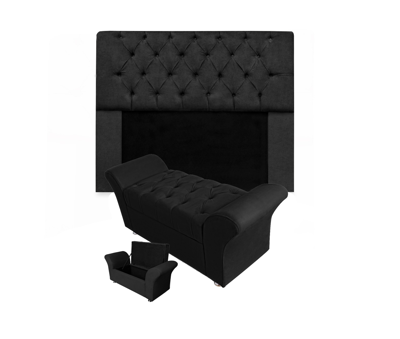 Conjunto Cabeceira Mirage e Calçadeira Baú Veneza Queen 160 cm Suede Preto - LM DECOR - 1