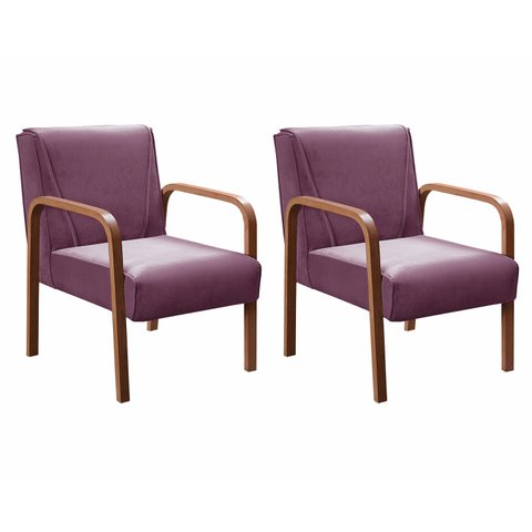 Conjunto 2 Poltronas Anita Cadeira Decorativa Braço Madeira Sala Recepção Escritório - Veludo Roxo