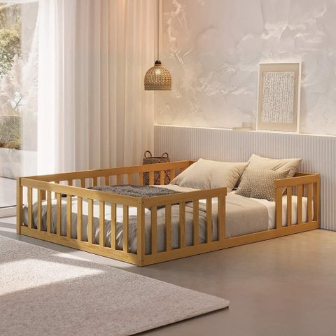 Cama de Casal Montessoriana Queen Size Nogueira com Proteção