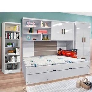 Quarto Infantil Chiara Guarda Roupa e Aéreo 2 Portas com Cama e Auxiliar e Livreiro Branco - Phoenix