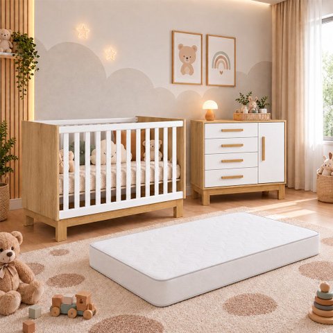 Kit Quarto de Bebê Q Encanto Slim com Berço Mini Cama Cômoda Sapateira e Colchão D18 130x70 Movellu