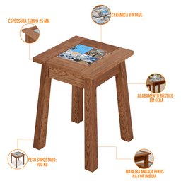 Banqueta Baixa de Madeira Maciça Pinus Rustica com Cerâmica Vintage W02 Imbuia - Lyam Decor - 3