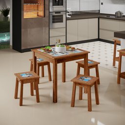 Banqueta Baixa de Madeira Maciça Pinus Rustica com Cerâmica Vintage W02 Imbuia - Lyam Decor - 2