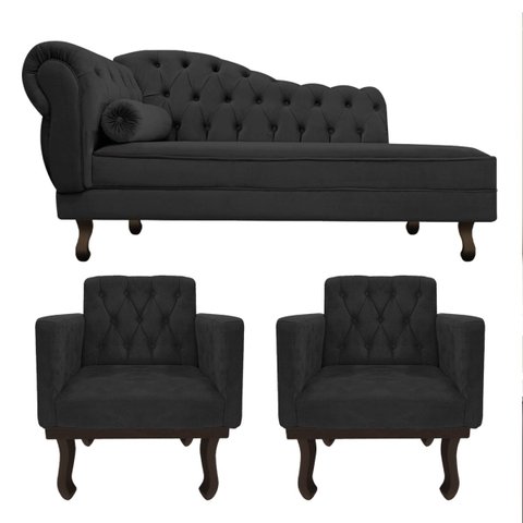Kit Diva Recamier Diana 185cm Lado Direito e 02 Poltronas Classic Linho Cinza Escuro - ADJ Decor