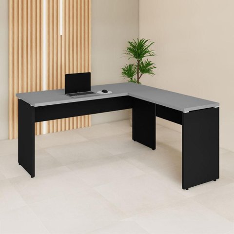 Mesa Escrivaninha 150cm em L Tampo 30mm Pés Painel F5 Office Cor:Cinza Sagrado com Preto