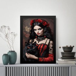 Quadro Pombagira com Gato Preto 45x34cm - com Vidro:moldura Branca - 1