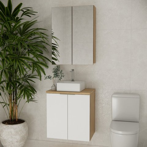 Conjunto de Banheiro com Cuba 60cm x 145cm Nature Marrom/Carvalho/Branco
