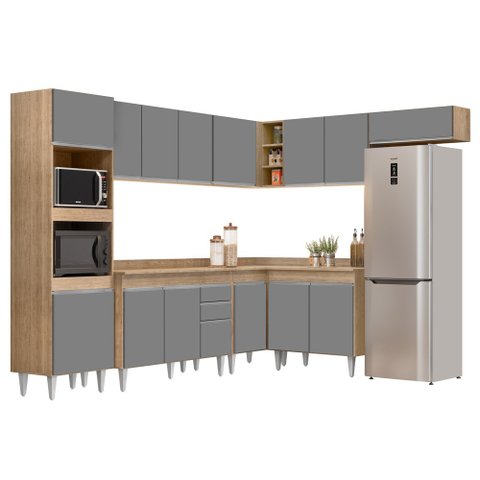 Armário de Cozinha Modulada de Canto 8 Peças CP02 Balcão com Tampo Castanho/Cinza - Lumil Lumil Móve