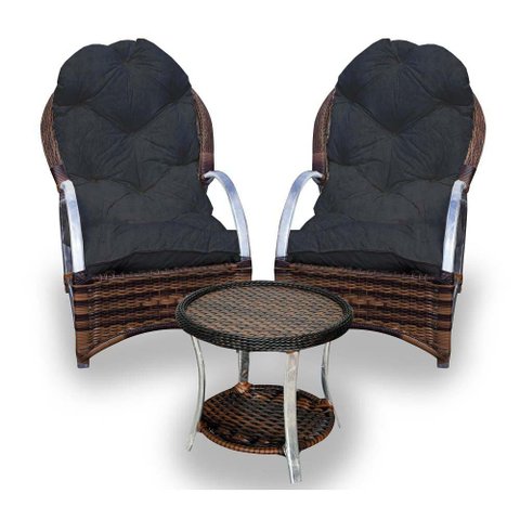 Conjunto de Poltronas Fibra Sintética Pequim Alumínio - 2 Poltronas + 1 Mesa Centro - Tecido Duna Pr