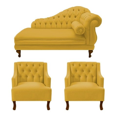 Divã Larissa 185 cm e 2 Poltronas Genesis Suede Amarelo