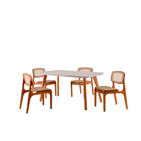 Sala de Jantar Mesa Malta 120cm Tampo Laqueado com Vidro Canto Moeda e 4 Cadeiras Malta Premium