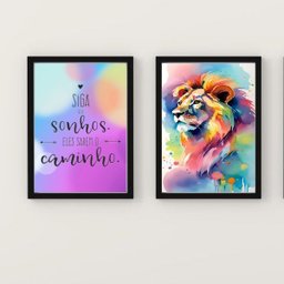Kit 2 Quadros Leão Aquarela Siga Seus Sonhos 24x18cm:Madeira preta - 2