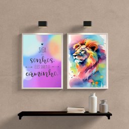 Kit 2 Quadros Leão Aquarela Siga Seus Sonhos 24x18cm:Madeira preta - 1