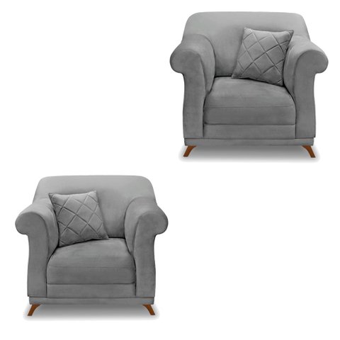 Kit 2 Poltronas Para Sala de Estar Vênus Veludo Pés Castanho - Pallazio - Cinza Grafite
