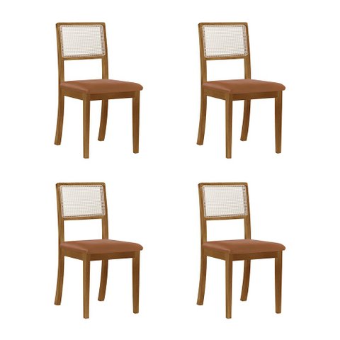 Kit 4 Cadeiras de Jantar Luxo Madeira Maciça Mel Encosto Telinha Palha Estofada Couro Pu Caramelo R