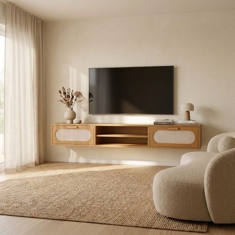 Rack Suspenso Santorini MDF 2 Gavetas Moderno para Sala com Nicho Prateleira Nature