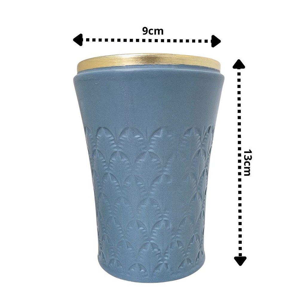 Vaso Decorativo Cerâmica Azul Fosco Borda Dourada 13cm - 4