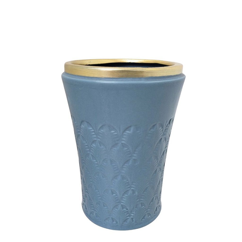 Vaso Decorativo Cerâmica Azul Fosco Borda Dourada 13cm - 1