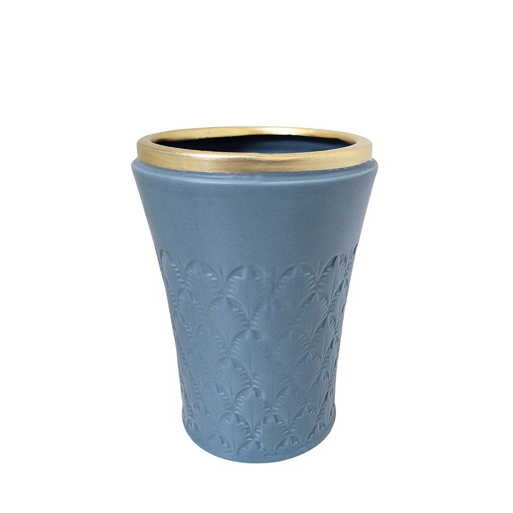 Vaso Decorativo Cerâmica Azul Fosco Borda Dourada 13cm - 3