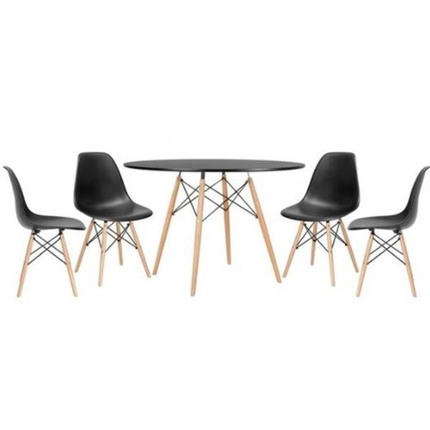 Conjunto de Mesa de Jantar Eames Eiffel Redonda 120cm Tampo de Madeira Preto com 4 Cadeiras Pretas