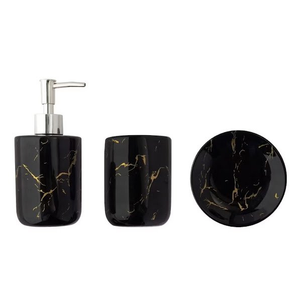 Ver imagem 1 de Kit Banheiro Lavabo Cerâmica Porta Escova Sabonete 3 Peças Marmorizado Preto