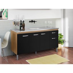 Balcão Gabinete de Pia 150cm 4 Portas 1 Gaveta Gabriela Amendoa/preto sem Tampo - Ajl - 2