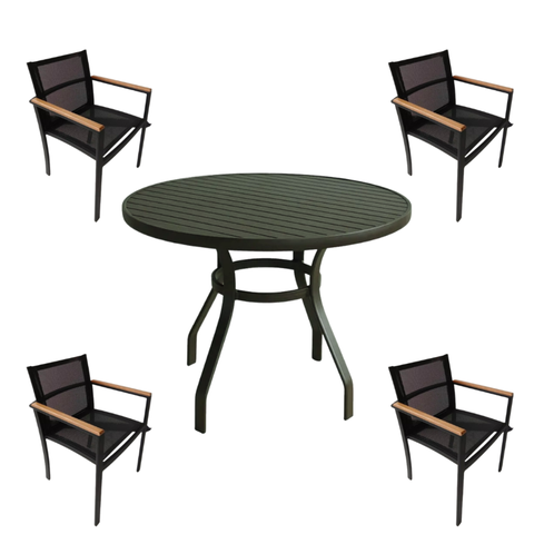 Conjunto de Mesa 90cm Ripada Amélia 4 Poltronas Piscina e Jardim - Preto