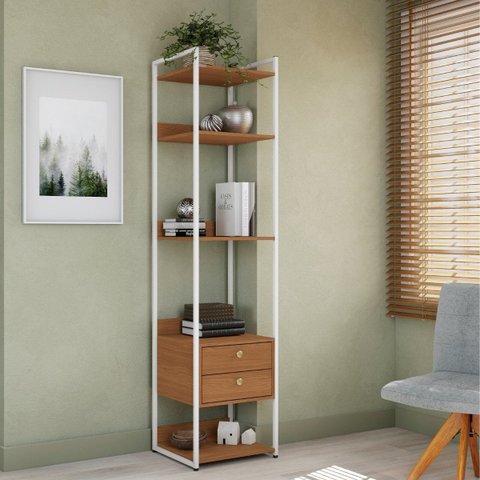 Armário Estante Organizadora Torre 2 Gavetas 3 Prateleiras Canela/branco Brilho