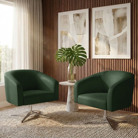Poltrona Sala Decorativa Kit 2 Stella Giratória Cromada Sintético Pu Verde D03 - D’Rossi