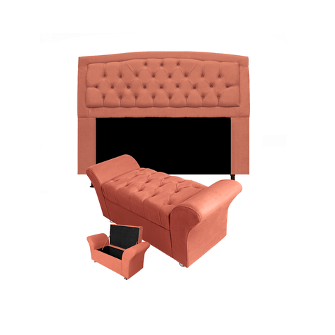 Kit Cabeceira Geovana com Baú Veneza Solteiro 90 Cm Suede Coral - Incasa Decor