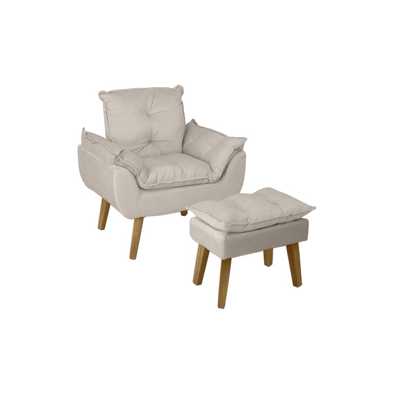 Poltrona Decorativa Opala e Puff Suede Bege Su Decor