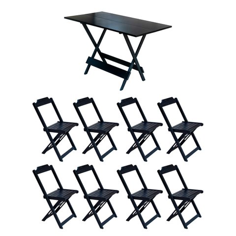 Jogo de Mesa Dobrável 1,20x70 em Madeira Maciça com 8 Cadeiras - Preto